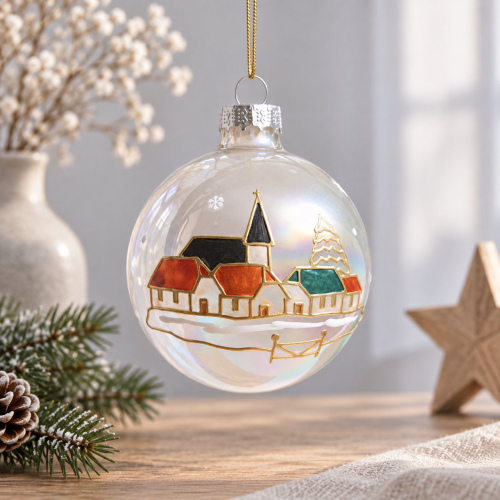 Christbaumkugel "Dorf mit Zaun" transparent 
