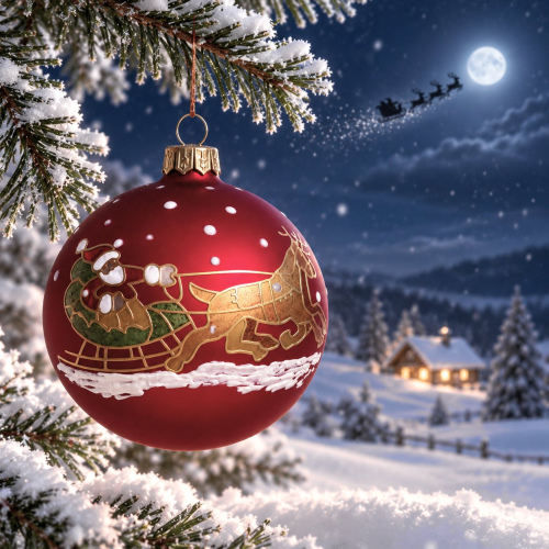 Christbaumkugel "Santa auf Schlittenfahrt" rot