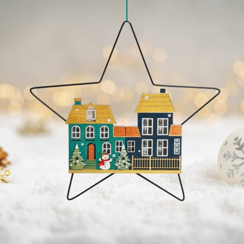Weihnachtsstern mit blauen und grünen Häusern aus Holz