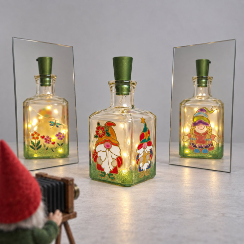 Flaschenlampe mit Wichteln klein