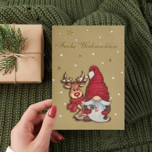 Weihnachtskarte mit Anhänger "Wichtel und Elch"