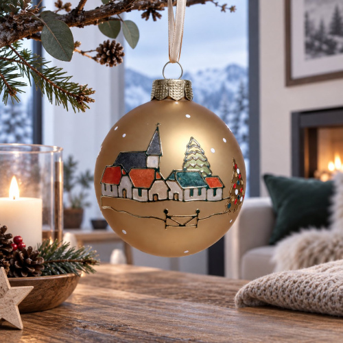 Christbaumkugel "Dorf mit Zaun" Gold
