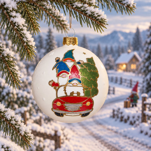 Christbaumkugel "Wichtel fahren Auto" Weiß